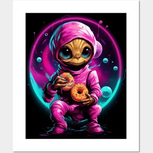 Cute Alien Eating Doughnuts Posters and Art